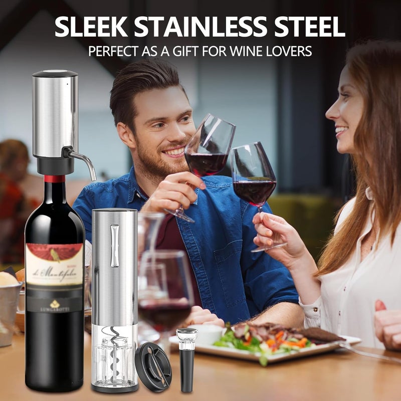 BGM.FOX 4-in-1 Rechargeable Electric Wine Opener Wine Aerator Gift Set with Electric Wine Decanter, Wine Stopper, Foil Cutter, Automatic Electric Wine Bottle Opener for Home Bar Parties, Stainless Steel - Image 2